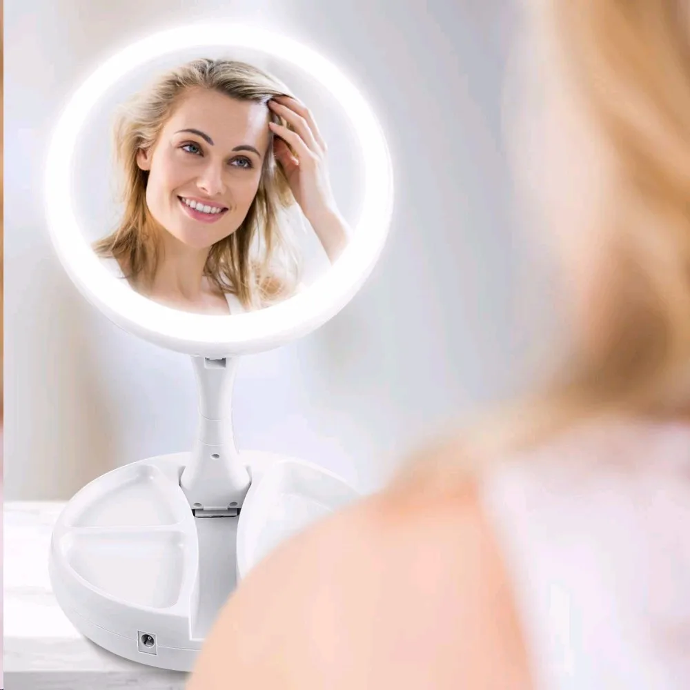 Foldable Portable Bathroom Makeup Mirror 10x Magnifying LED Lighting Professional Vanity Mirror Adjustable 270 Degree Rotating