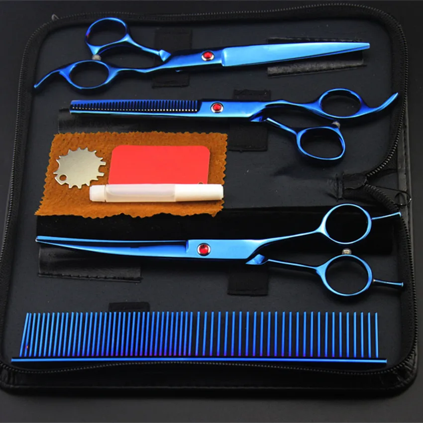 4 kit 7'' blue pet grooming hair cutting scissors dog sissors comb thinning barber haircutting shears case hairdressing scissors