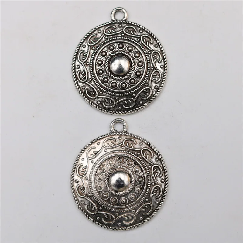 WKOUD 4pcs Silver Color Retro Round Shield Charm Alloy Pendant Metal Necklace Bracelet DIY Jewelry Handmade A1520