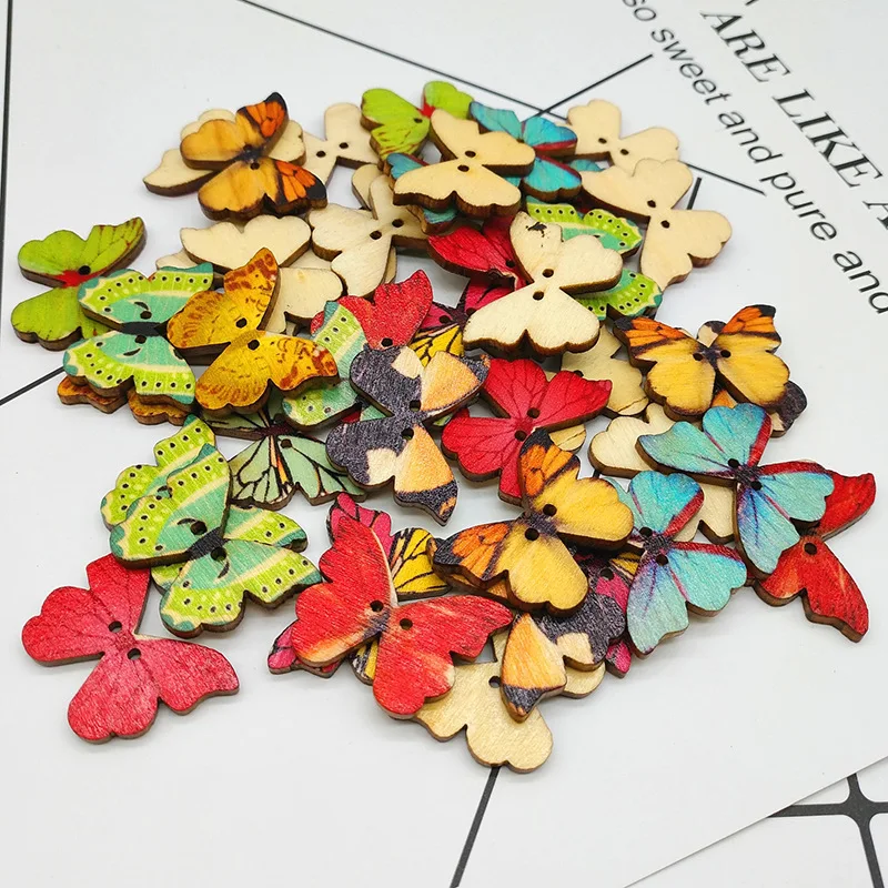 100pcs/lot Sewing Accessories Flatback Scrapbooking Wood Buttons Mix 25x25mm Butterfly 2 Holes Wooden Buttons Craft MR 001