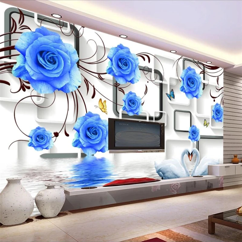 

Custom wallpaper blue rose swan 3D mural papier peint TV background wall living room bedroom wall papers home decor 3d wallpaper