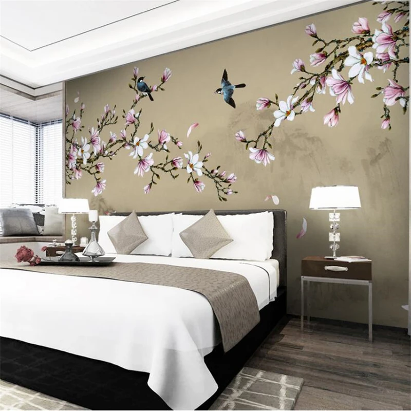 wellyu Customized large-scale murals new Chinese style hand painted magnolia flowers and birds green background wallpaper