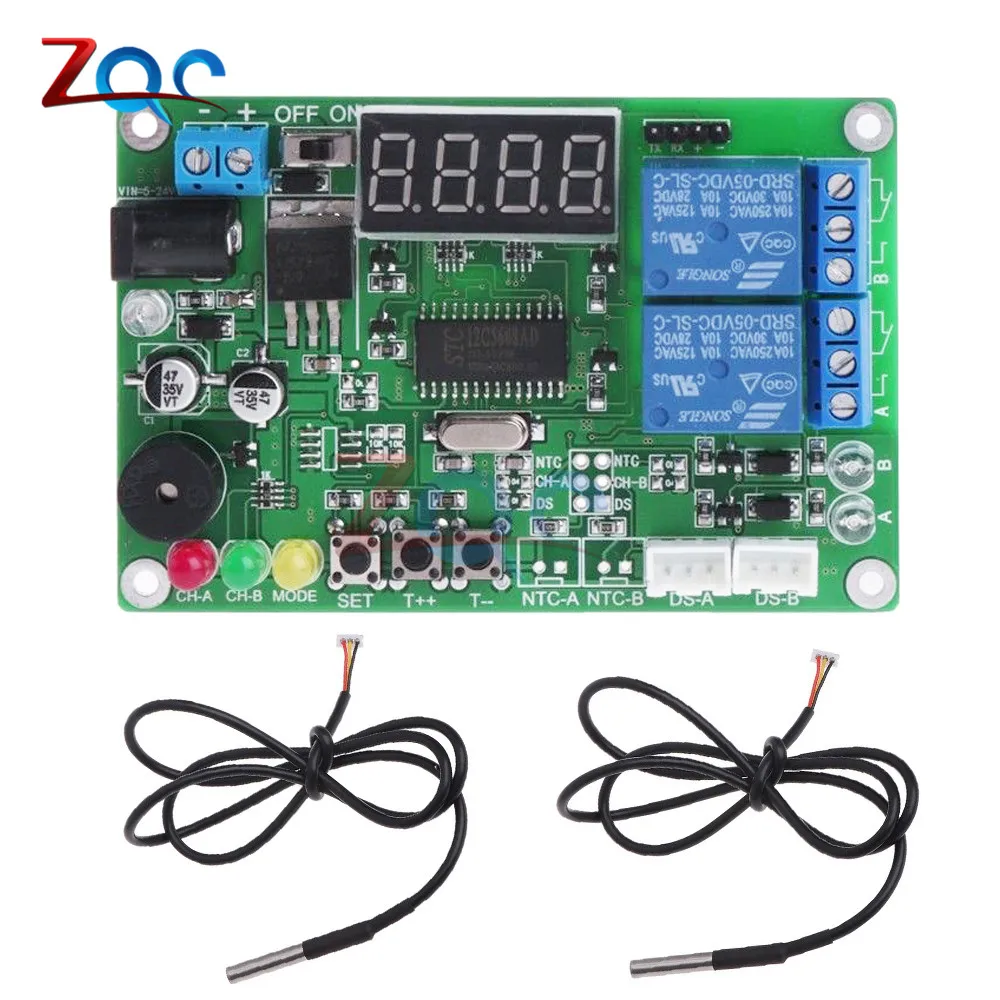 DC 5-24V 2-CH High Precision LED Digital Intelligent Temperature Control Module Thermostat with 2 Cable Probe Thermometer