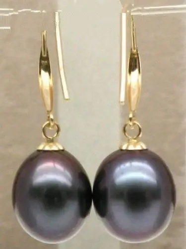 

free shipping charming pair of 11-13mm south sea baroque black pearl earring 14k/20