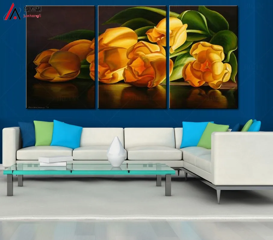 pop Gold color tulips decoration wall pictures for living room modular paintings on the wall art modern flowers abstract print