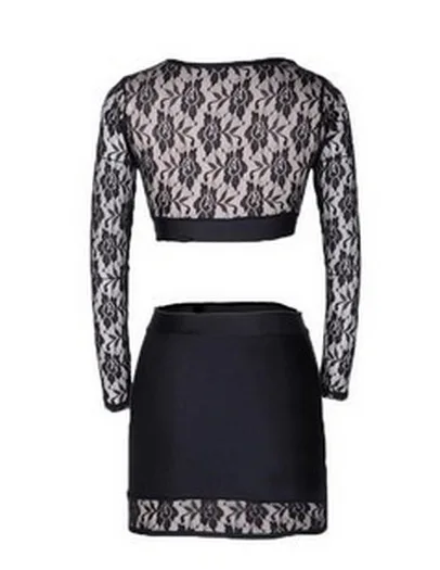 Two Piece Black Lace Dress Summer Sexy Mini Dresses Clubwear Cropped Top 2 Piece Set Women Cute Dress Vestido Casual