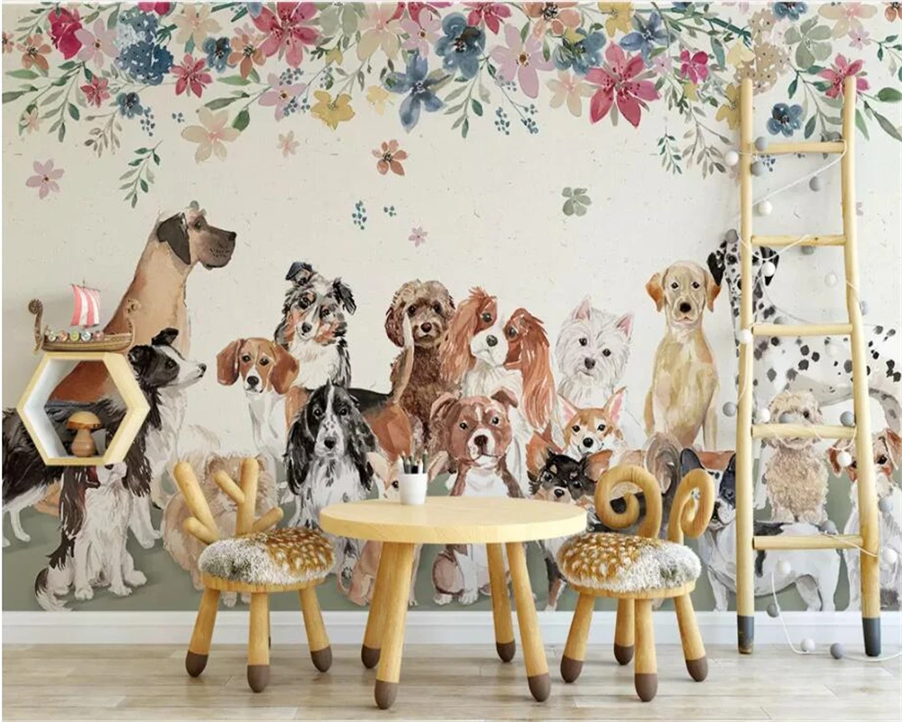 Custom size wallpaper Nordic creative dog group flower children's room kindergarten background wall home decoration 3d wallpaper