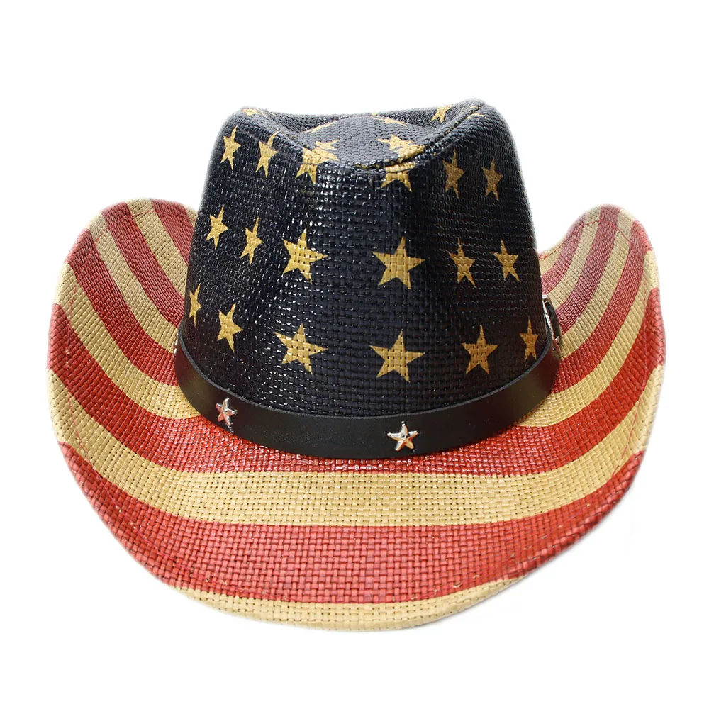 LUCKYLIANJI Kid Child Children's Pentagram Stripes American Flag Wide Brim Straw Sun Beach Cowboy Cowgirl Hat (54cm)