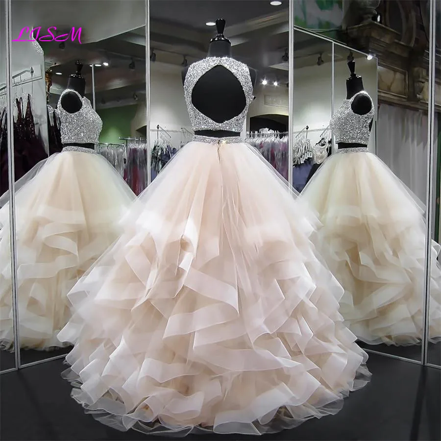 Luxury Crystals Two Pieces Ball Gown Quinceanera Dresses O-Neck Beaded Open Back Pageant Gown Long Tiered Organza Sweet 16 Dress