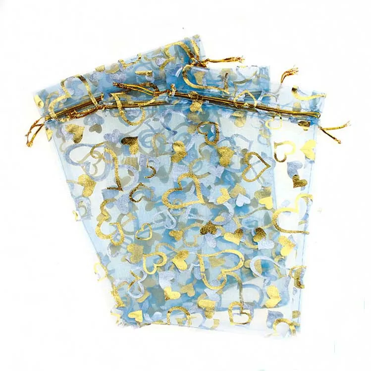 15*20cm 100pcs Light Blue Gold Heart Gift Bags For Jewelry/wedding/christmas Yarn Bag With Handles Packaging Organza Bags