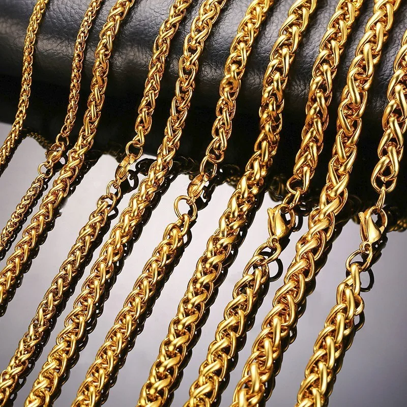 Vnox Gold Color Men Stainless Steel Wheat Spiga Franco Link Chain Necklace Male Jewelry 24 Inch in 3-7MM Width