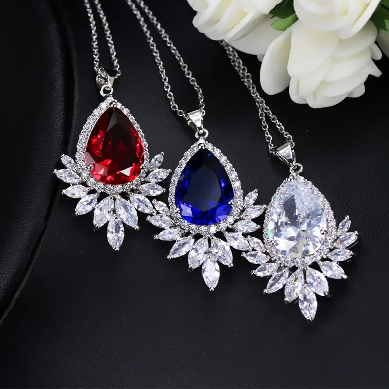 CWWZircons High Quality Big Water Drop Green Blue Cubic Zirconia Stone Necklaces Pendants For Women Fashion Jewelry Gift CP004