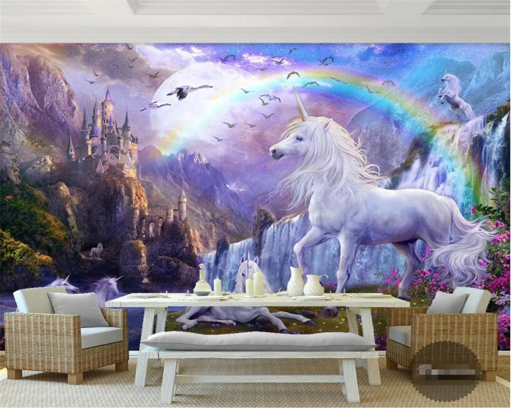 Custom self-adhesive mural Children room blue sky white clouds rainbow waterfall white horse animal Landscape 3d wallpaper