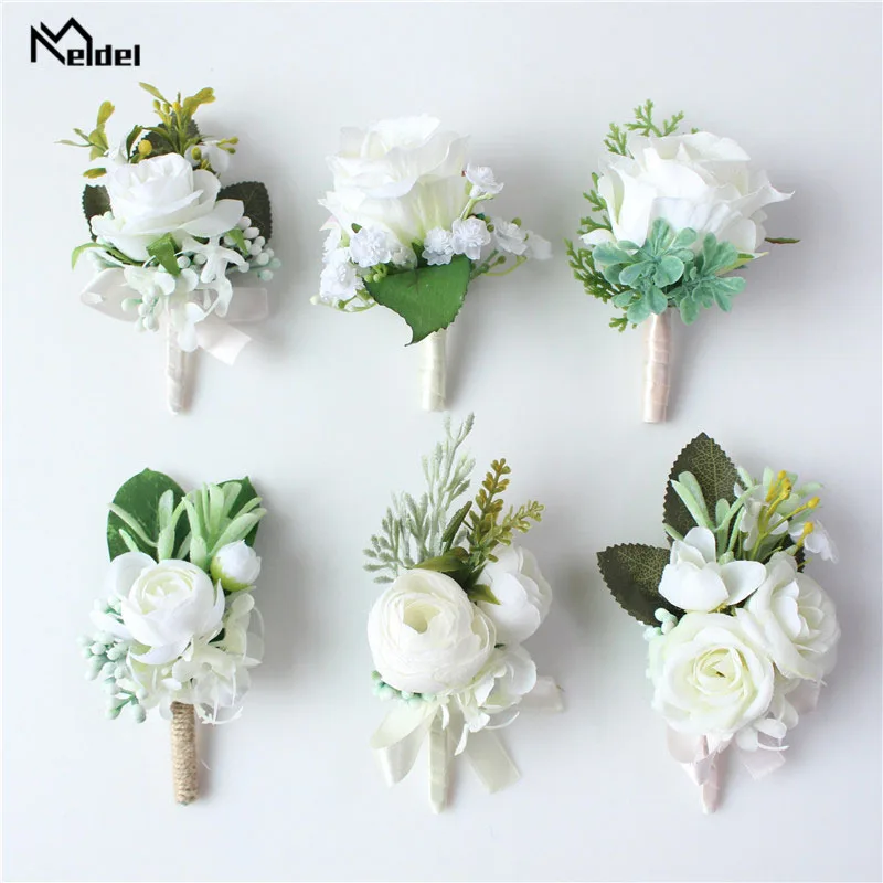 Meldel Corsage ชาย Rustic Boutonniere สีขาวชุดแต่งงานเจ้าสาวเพื่อนเจ้าสาวเจ้าบ่าวปาร์ตี้การประชุมส่วนบุคคลตกแต่ง