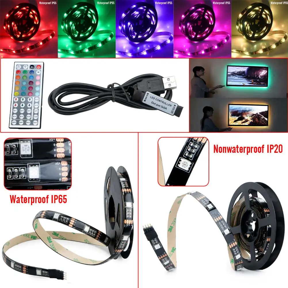 Hot 1M 2M 5V RGB LED Strip Light Light SMD 5050 USB Power Flexible TV Background Light Kit Set With 44key Controller