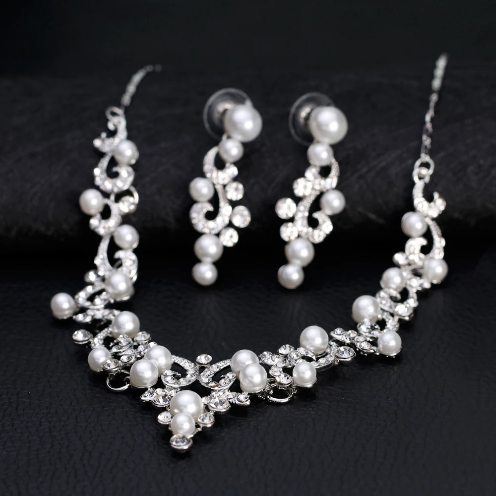 TREAZY Fashion Simulated Pearl Bridal Jewelry Sets Silver Color Crystal Floral Necklace Earrings Sets 2018 Wedding Jewelry Set