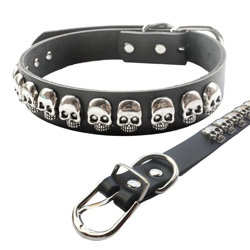 Silvel-collar con tachuelas de calavera para perro, accesorio de piel auténtica suave para mascotas, ajustable, para perros pequeños, medianos y grandes