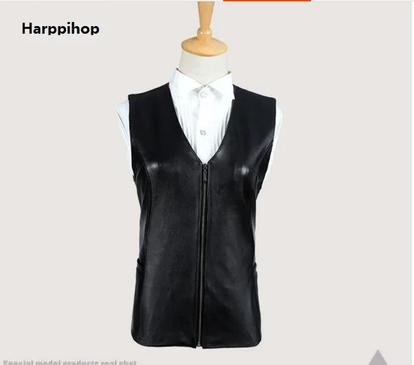 Harppihop Brand Genuine Leather Vest Womens Winter Sleeveless Jackets Warm Waistcoat Sheepskin Black Cotton Padded Suede Vest