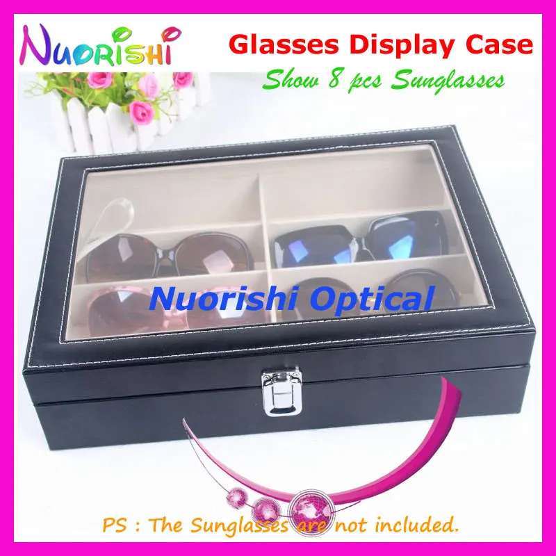 

Holding 8pcs Eyewear Sunglass Eyeglass Glasses Black Leather Display Sample Case Box With Clear Cover A633C-8S Free Shipping