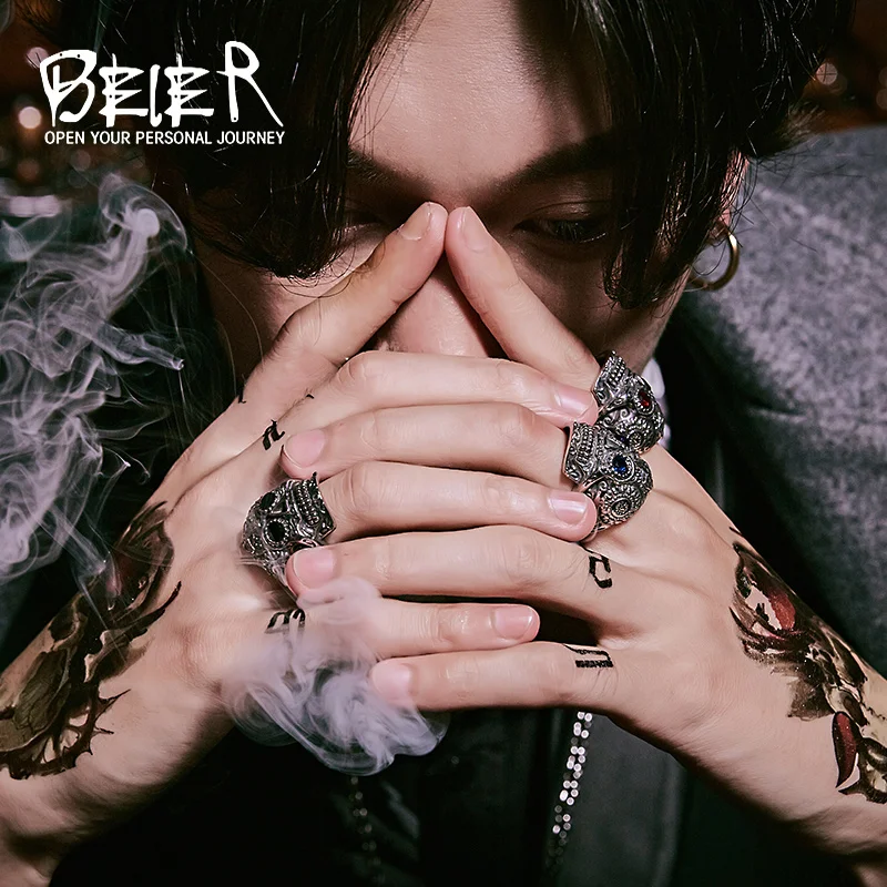 Beier 316L Stainless steel Colorful geen eyes Gothic gold Carving kapala Skull Ring Biker Hiphop rock Jewelry For man LR327