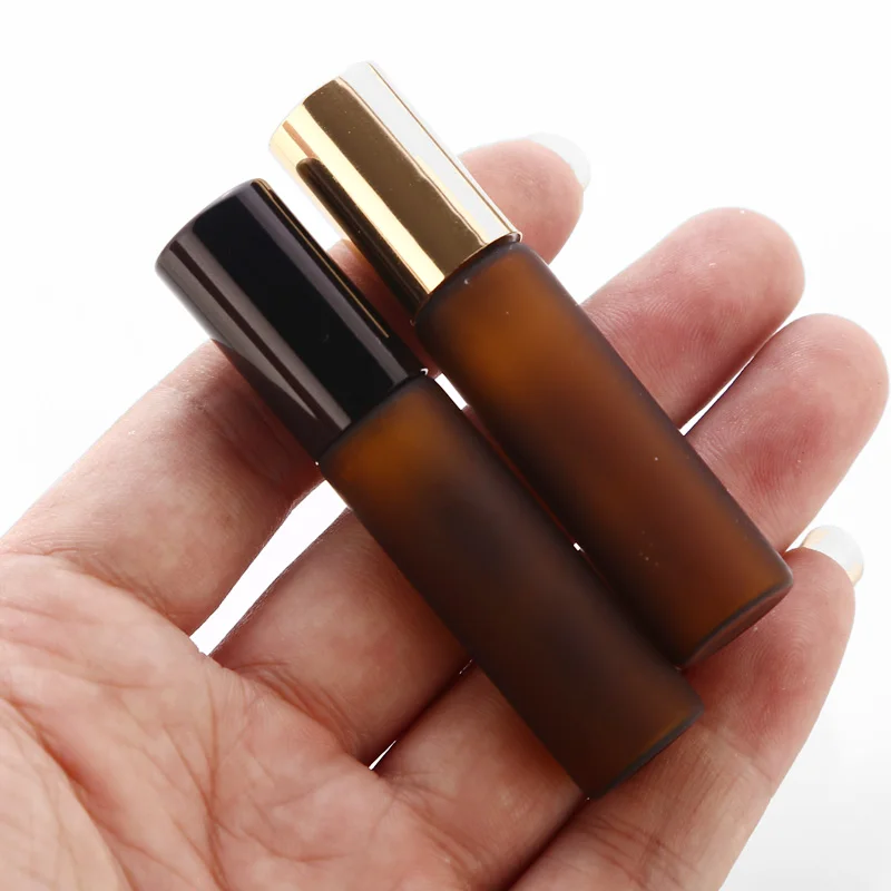 50pcs/lot 5ml Frosted Amber Perfume Glass Roll on Bottle with Glass/Metal Ball Brown Roller Essential Oil Vials Thin