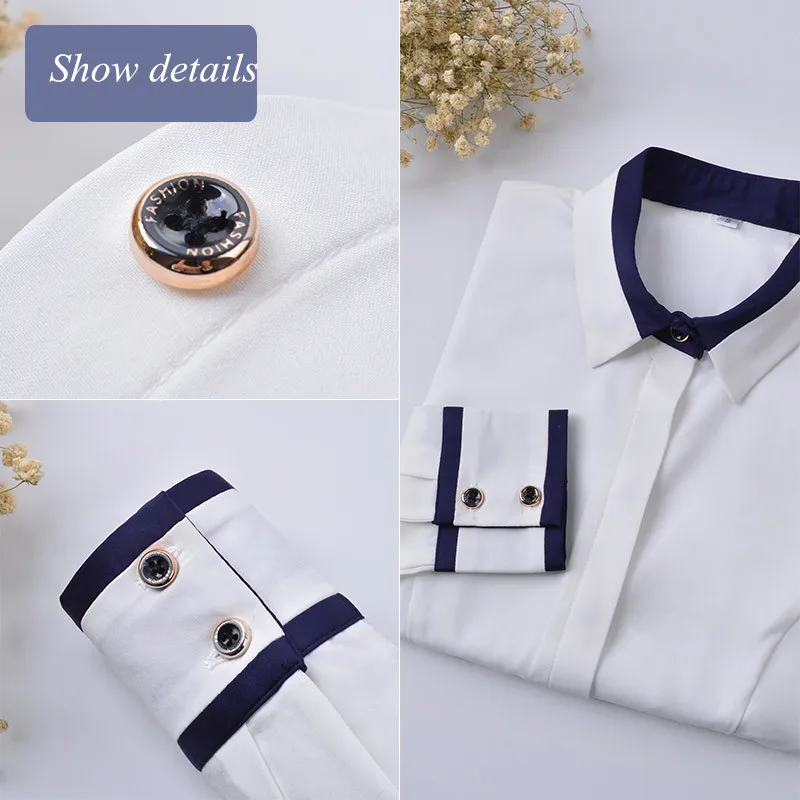 Spring Summer Fashion Female Long-Sleeve Shirt Slim Patchwork Bow Tie Women White Blouse Office Ladies Work Wear Tops