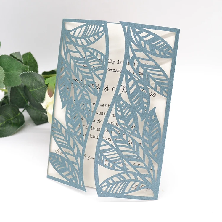 Jungle theme green laser cut leaf wedding invitation card