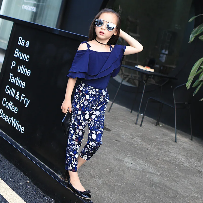 Fashion Summer Girls Clothing Set 2024 Children Off Shoulder Tops Floral Pants 2Pcs Kids Outfits Teen Girl Clothes 5 6 7 8 Years