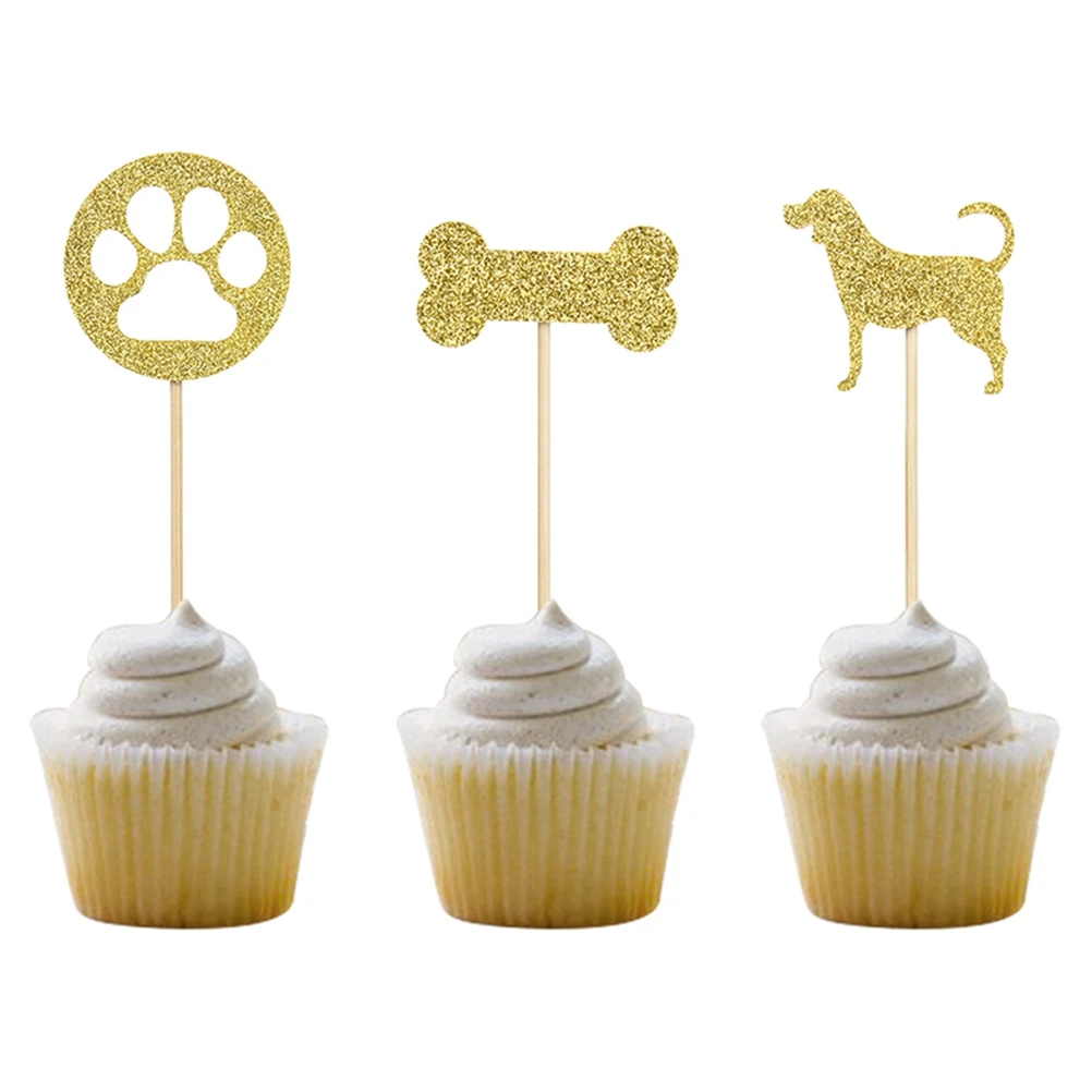 12pcs Shining Dog Cake Topper Bone Footprint Birthday Cakeate Insert Card Birthday Cakeateating Cupcake Toppers Kids Birthday