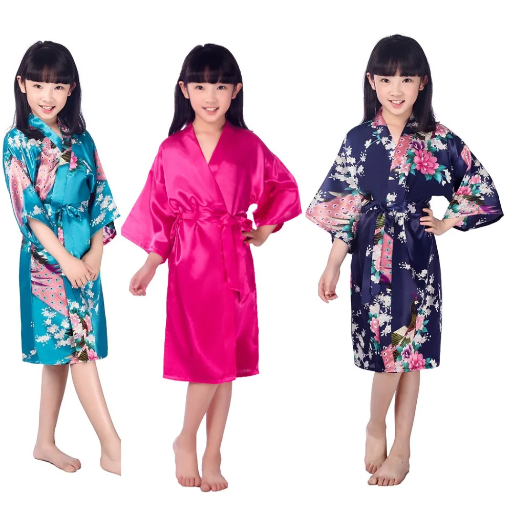 

New Lovely Silk Bathrobe child Satin Kimono Robes Floral Robes Bridesmaids Kimono Robe Solid Satin Silk Dressing Gown 0612