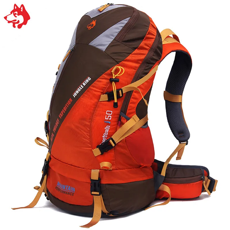 50L Hot Sale Yellow/Brown/Blue Waterproof Multifunctional Camping Backpack bag with Splicing color hiking backpack