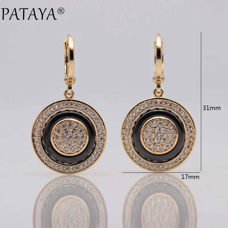 PATAYA New True White Gold Round Natural Zircon Black Ceramic Long Dangle Earrings 585 Rose Gold Color Women Wedding Jewelry