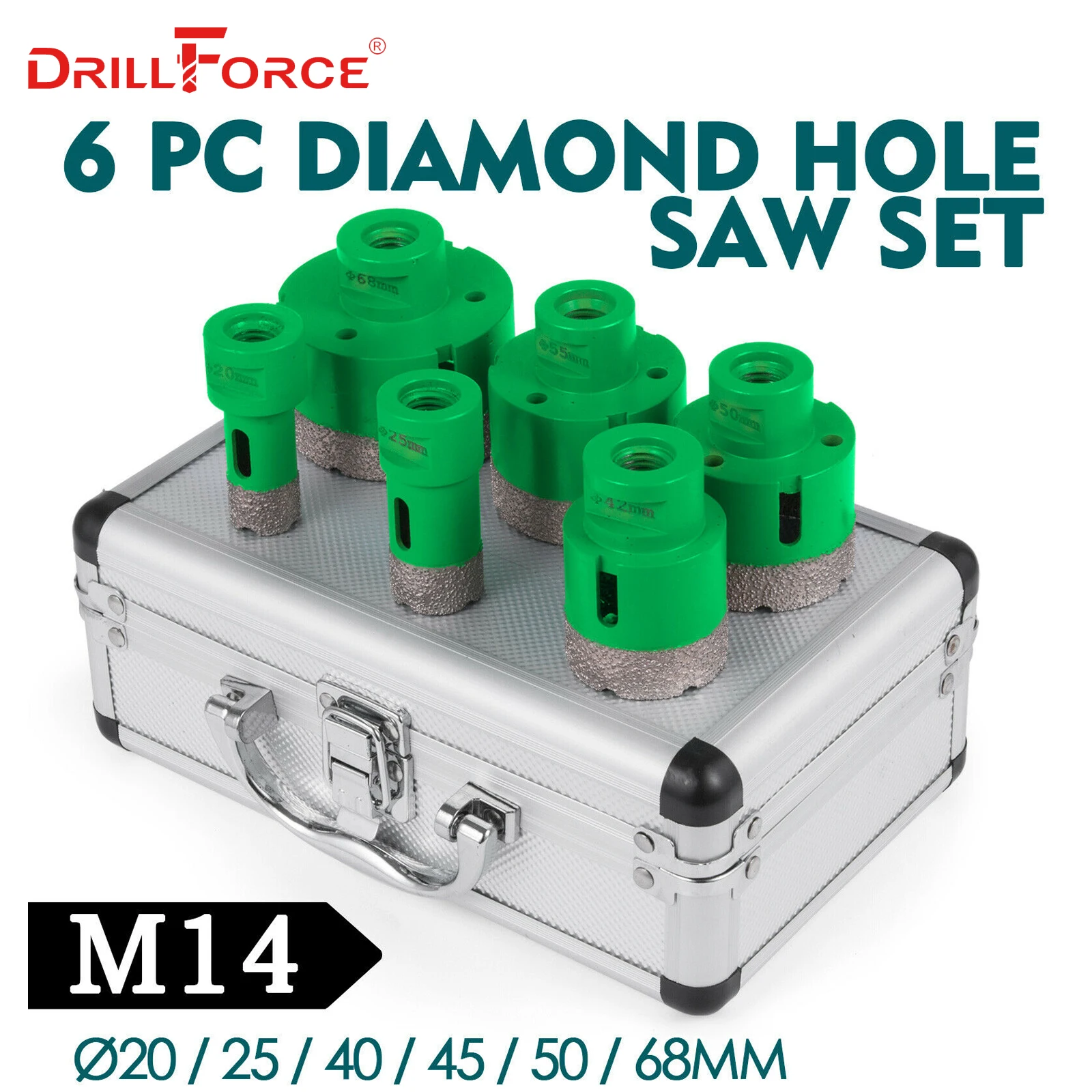 

Drillforce 6PCS Diamond Hole Saws Set 20/25/40/45/50/68mm M14 Durable Carborundum Ceramics M14 Thread Drill Core