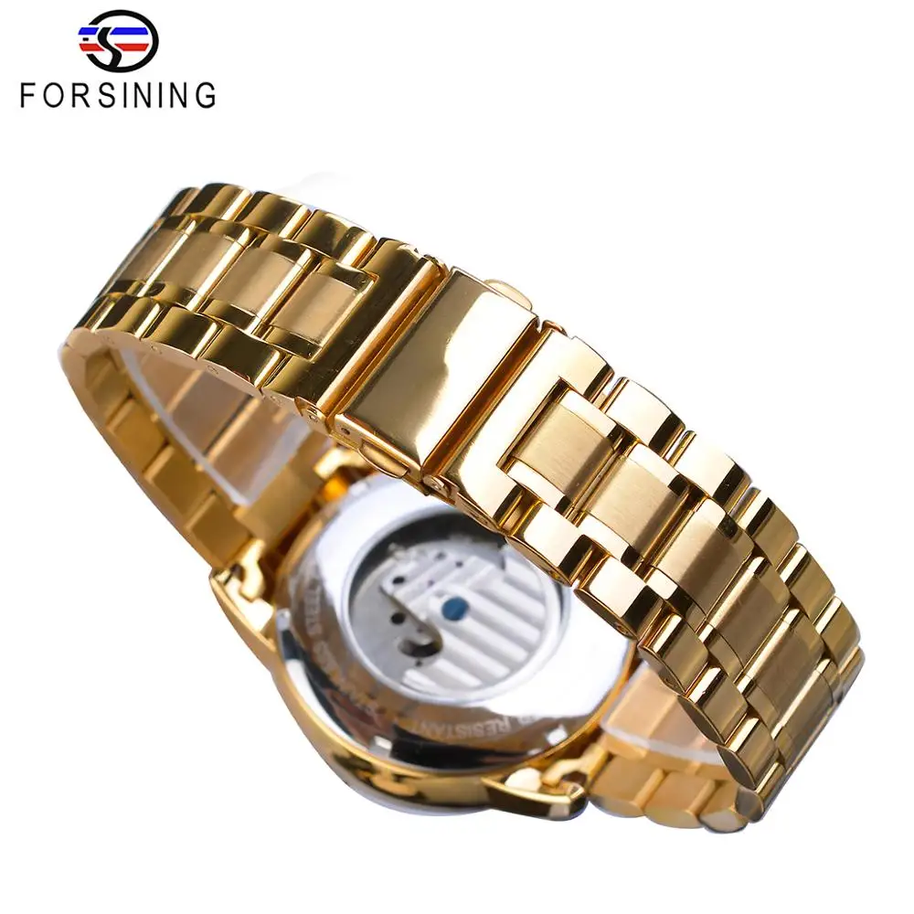 Forsining Automatic Self-Wind Male Watch Golden Dial Stainless Steel Casual Moonphase Gold Mechanical Tourbillon Men Clock Reloj