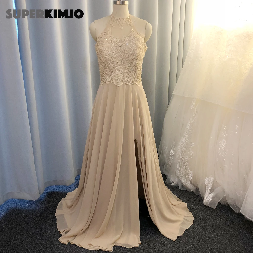 Real picture prom dresses 2019 champagne kant applicaties kralen pailletten chiffon side slit avondjurken kralen vrouwen jurk