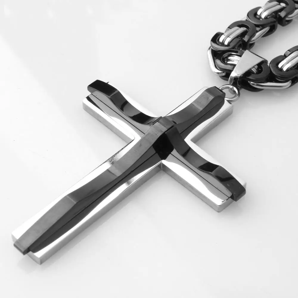 Christian Jesus Crucifix Pendant Necklaces Mens Gifts Heavy Stainless Steel Byzantine Link Chains Male Metal Religious Jewelry