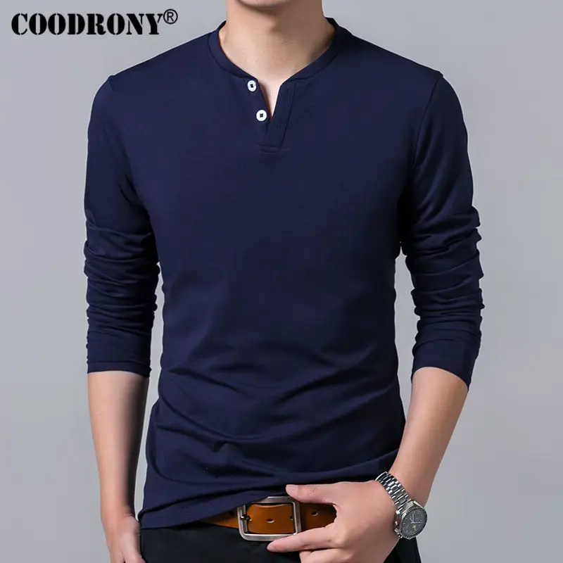 COODRONY T-Shirt Men 2019 Spring Autumn New Long Sleeve Henry Collar T Shirt Men Brand Soft Pure Cotton Slim Fit Tee Shirts 7625