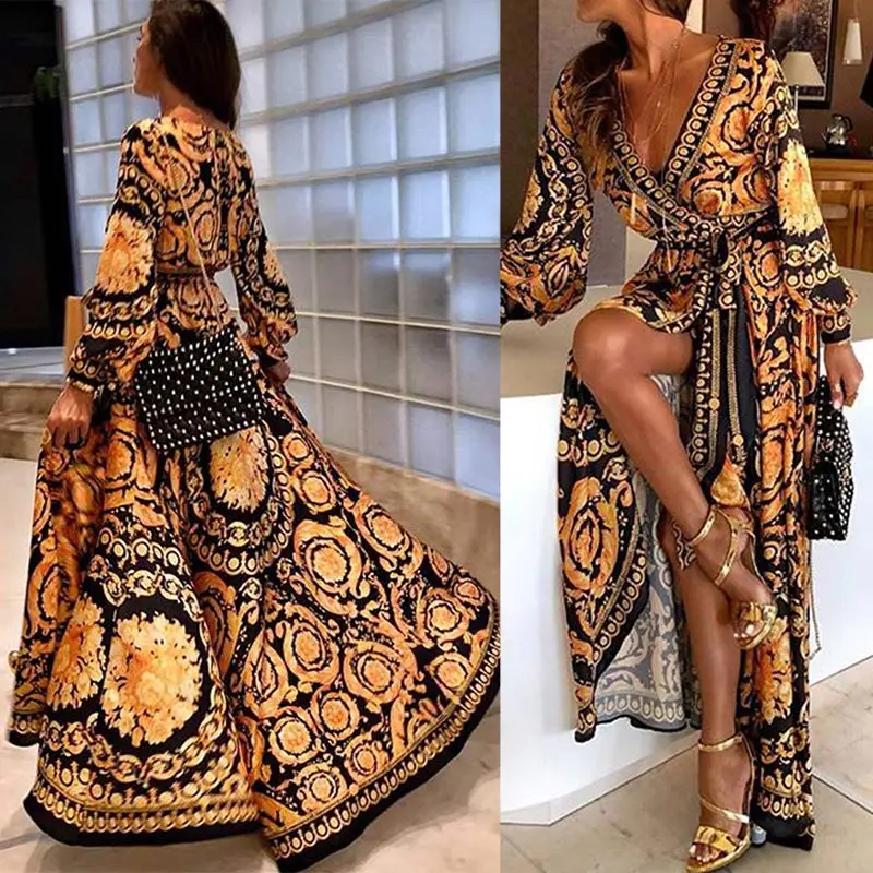 Womens Boho V-Neck Printed Sundress Long Maxi Dress for Summer Long Sleeve Vintage Dresses Cover-ups Home Robe Give Gifts