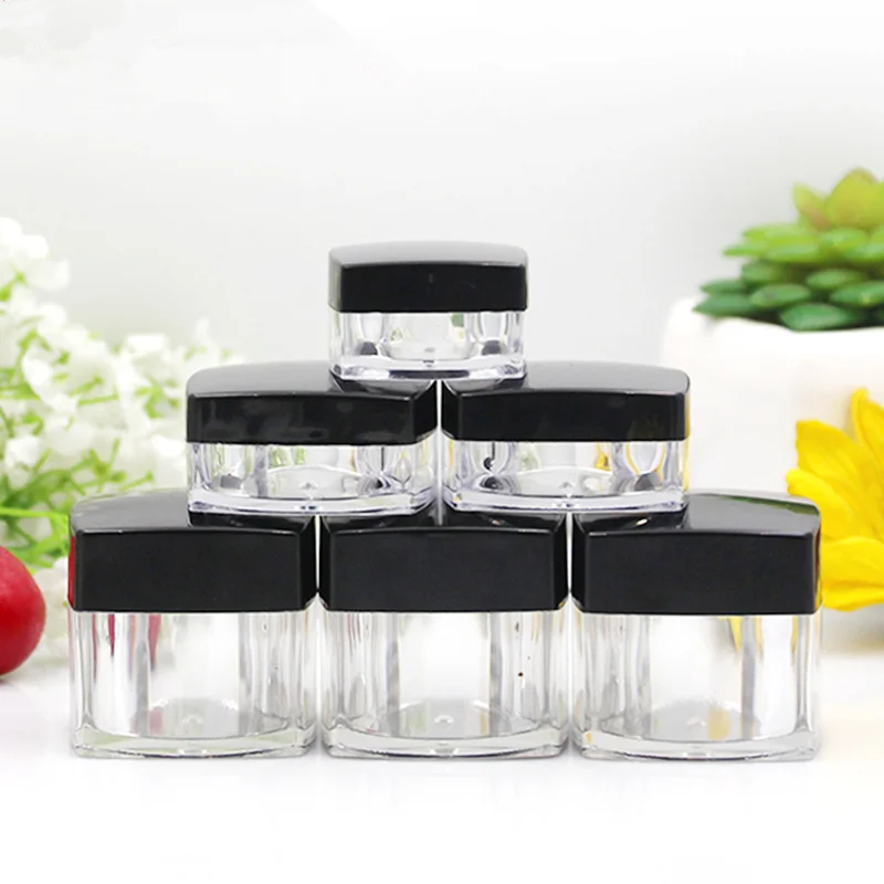 

3/5/10/20G Empty Acrylic Mini Cream Bottle Black Cap Clear Square Bottles Cosmetics Package Refillable Bottles Makeup Containers