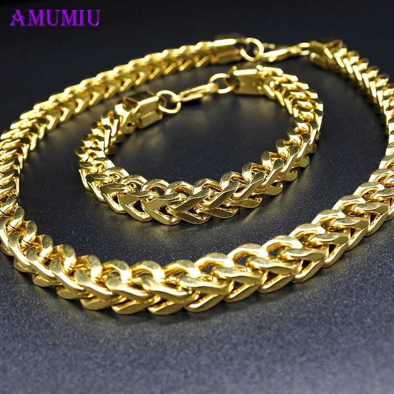 AMUMIU Gold Color 11mm Chain Necklace Bracelet Jewelry Sets For Men Women Classic Charm Fine Cool Punk JS122