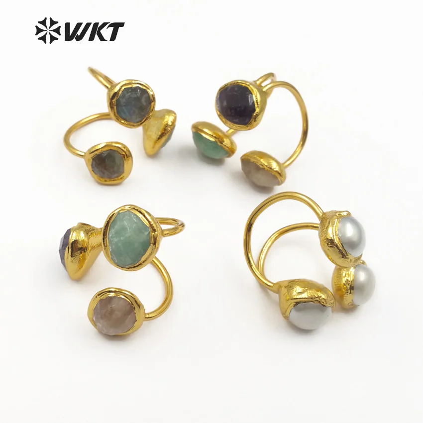 WT-R315 Vintage Design Natural Purpel Quartz Pink Quartz  Labradorite And Pearls Mix Rings Three Stone At Face Women Rings