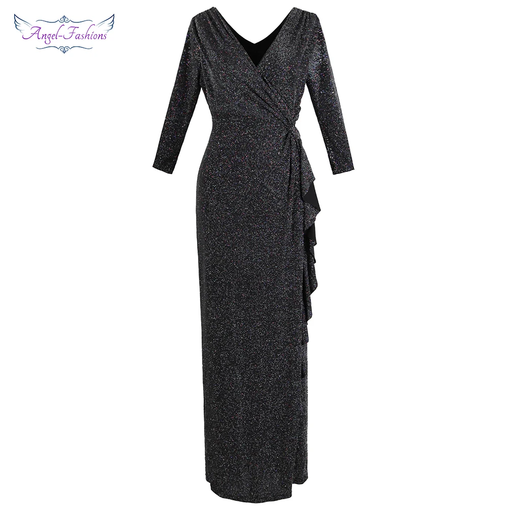

Angel-fashions Women's 3/4 Sleeve Evening Dress Long Pleated Ruffle Slit Maxi Party Gown Black Elegance 445