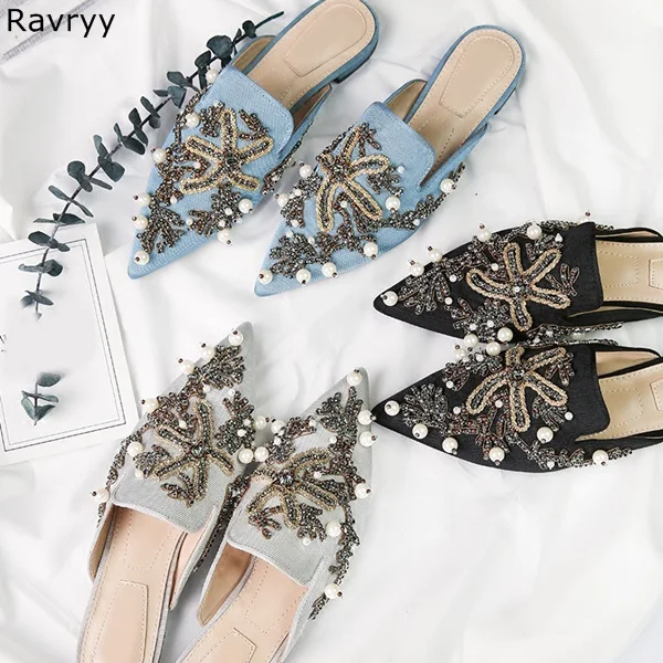 

Bling Bling Crystal Pearl Decor women blue falts pointed toe slipper female casual shoes slip-on slingbacks luxury party shoes