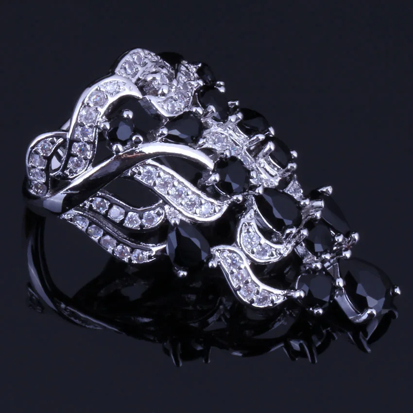 Jolly Huge Plant Black Cubic Zirconia White CZ Silver Plated Ring V0528