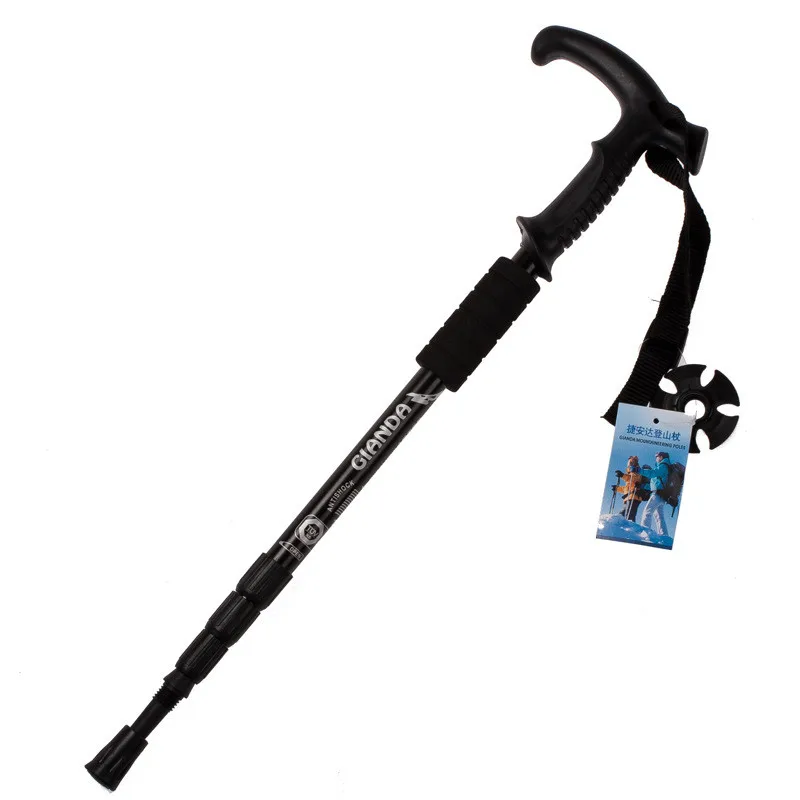 Outdoor Aluminium Anti-Shock Hiking Alpenstock Durable T-Type Rubber Handle Walking Stick Adjustable Trekking Cane Unisex