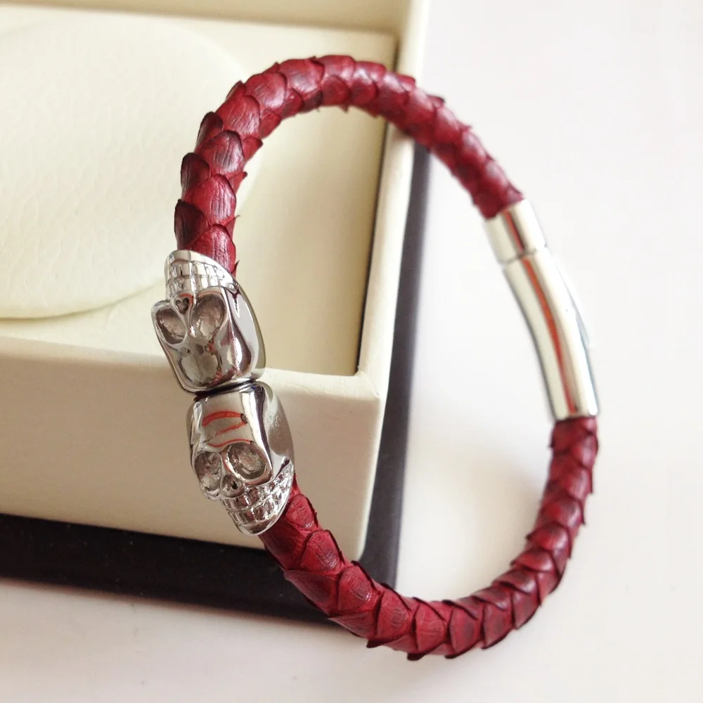 Fashion Genuine Blue Python Leather Skull Bracelet Northskull Twin Skull Bracelets Bangles for Man Women Jewelry Gift