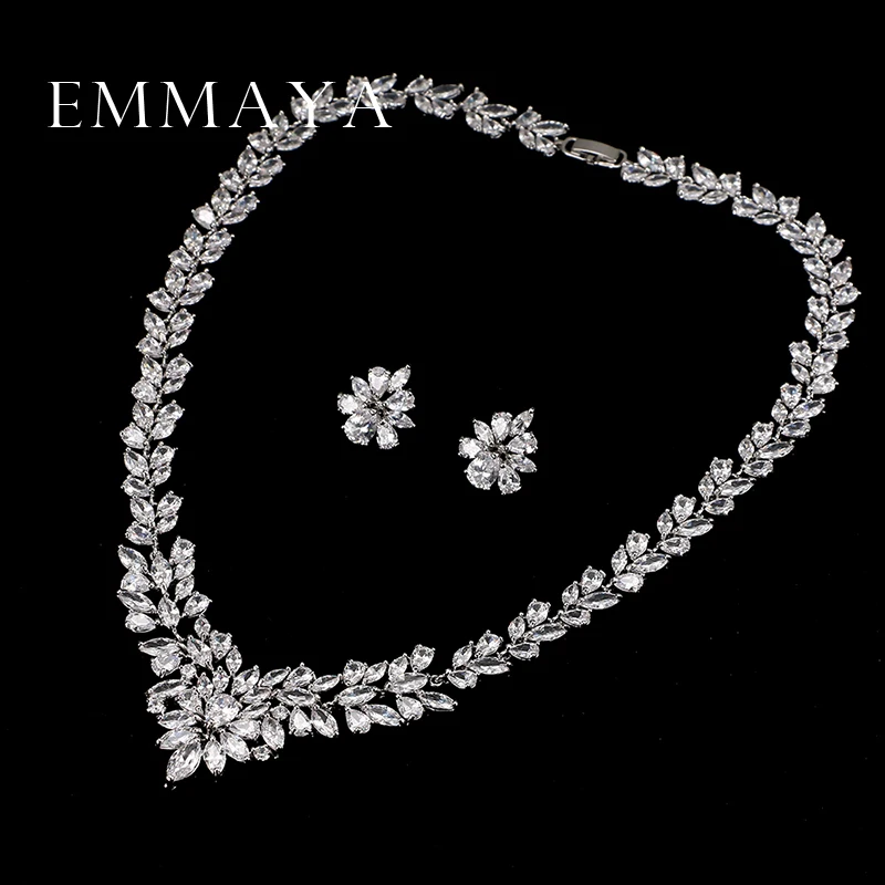 Emmaya New Top White Gold Plate Flower AAA Cubic Zircon Pendant/Earrings for Women Wedding Jewelry Sets