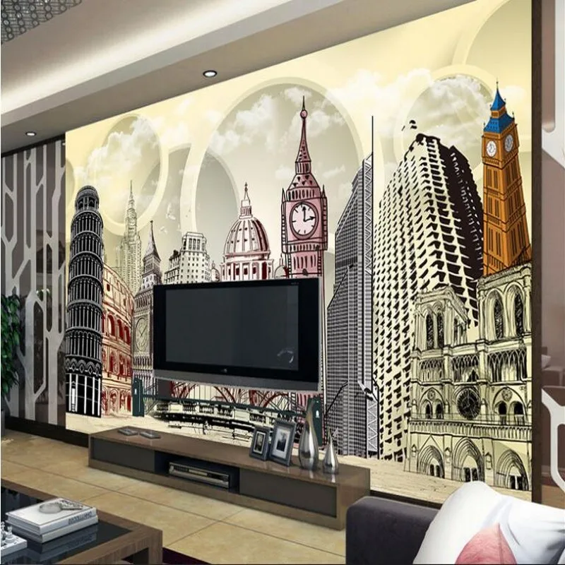 

wellyu Custom large - scale murals hand - painted illustrations architectural 3D background wall paintings wallpaper