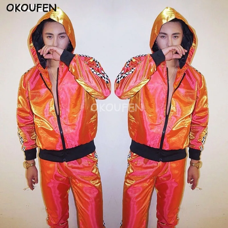 New Fashion Orange colorful Hip hop Jacket Pants Costumes Nightclub bar male singer stage show dancer performance clothing