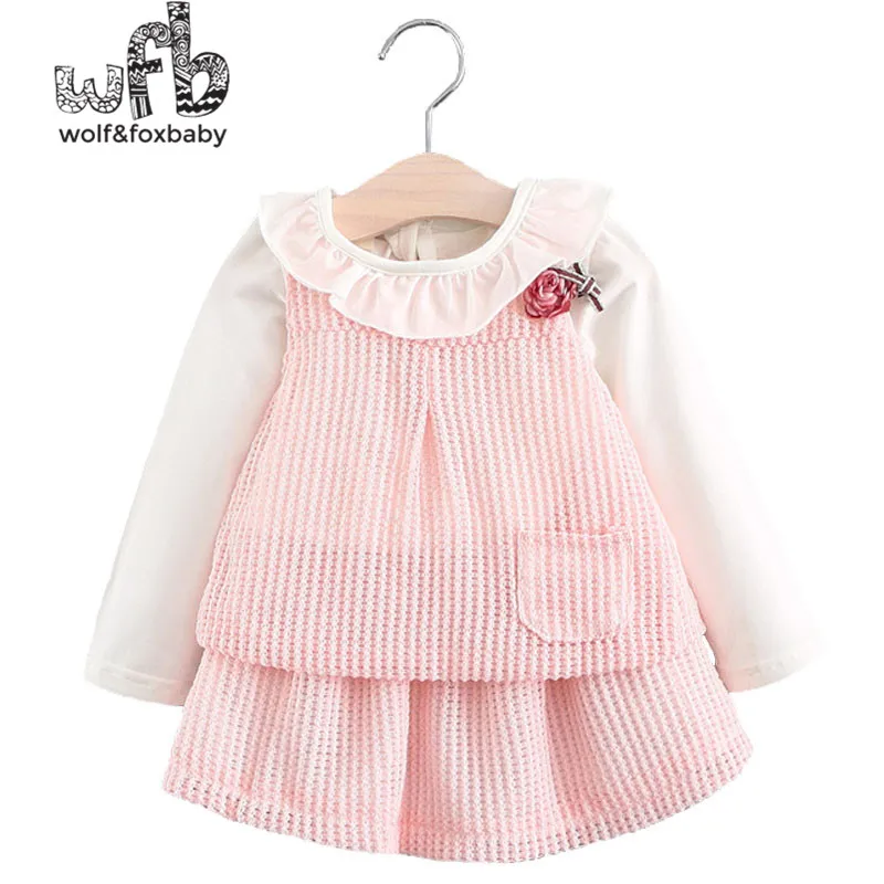

Retail 0-3 years children's long-sleeve solid color T-shirt + hollow flower belt pants + half skirt girl suit spring fall autumn